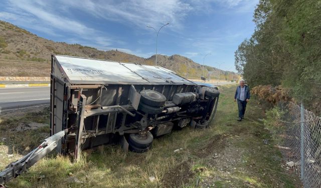 Direksiyonu kitlenen kamyon şarampole devrildi