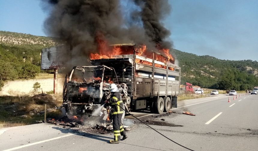 Seyir halindeki kamyon alev alev yandı