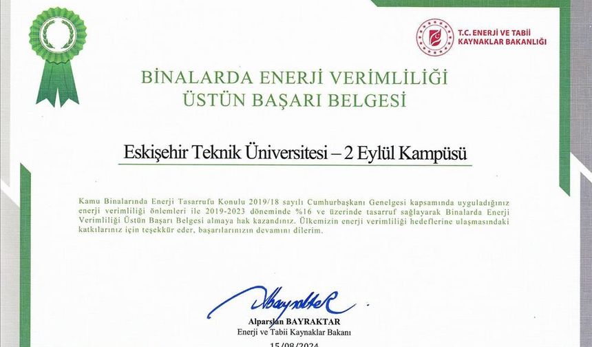 Eskişehir Teknik Üniversitesi'ne Üstün Başarı Belgesi