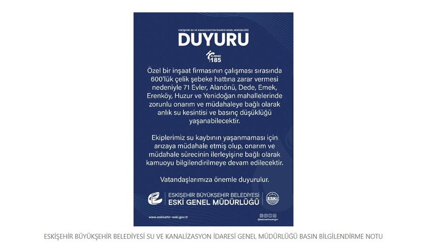İnşaat Firması 600’lük Çelik Şebeke Hattına Zarar Verdi